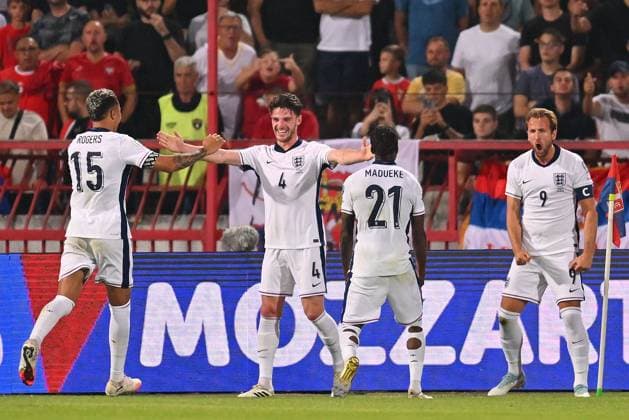 SERBIA vs ENGLAND MORGAN ROGERS, DECLAN RICE, NONI MADUEKE, HARRY KANE football Serbia vs England FIFA World Cup, WM, Weltmeisterschaft, Fussball qualification match at Rajko Mitic stadium, Belgrade 09.09.2025 Foto: FOOTBALL, SERBIA, ENGLAND, FIFA WORLD CUP QUALIFICATIONS MATCH Beograd Rajko Mitic stadium Serbia Copyright: xMarkoxMetlas xMNxPressx