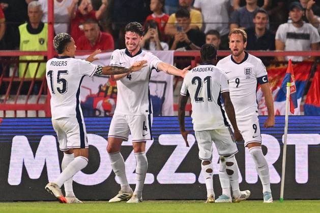 SERBIA vs ENGLAND MORGAN ROGERS, DECLAN RICE, NONI MADUEKE, HARRY KANE football Serbia vs England FIFA World Cup, WM, Weltmeisterschaft, Fussball qualification match at Rajko Mitic stadium, Belgrade 09.09.2025 Foto: FOOTBALL, SERBIA, ENGLAND, FIFA WORLD CUP QUALIFICATIONS MATCH Beograd Rajko Mitic stadium Serbia Copyright: xMarkoxMetlas xMNxPressx