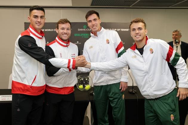 TENNIS - Davis Cup, HUN vs AUT DEBRECEN,HUNGARY,11.SEP.25 - TENNIS - ITF Davis Cup, qualification round 2, Hungary vs Austria, preview, draw and press conference, PK, Pressekonferenz Image shows Alexander Erler, Lucas Miedler (AUT), Fabian Marozsan and Piros Zsombor (HUN). GEPAxpictures xWalterxLuger