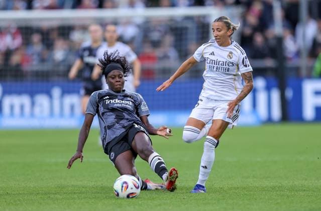 DEU, Frankfurt, Eintracht Frankfurt vs Real Madrid, Womens Champions League, UEFA, Saison 2526, Stadion am Bretanobad, Qualifikationsrunde 3, im Bild v.l.n.r: Nicole Anyomi (Eintracht Frankfurt 19), Sheila Garcia (Real Madrid 15) DFB DFL REGULATIONS PROHIBIT ANY USE OF PHOTOGRAPHS AS IMAGE SEQUENCES AND OR QUASI-VIDEO, 11.09.2025, Copyright: HMBxMedia HendrikxHamelau