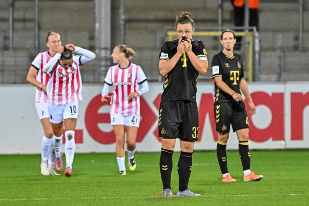 Marina Hegering (1. FC Koeln Frauen, 33) mit Emotion nach dem Tor zum 1:0 durch Svenja Foelmli (SC Freiburg Frauen, 09) GER, SC Freiburg - 1. FC Koeln, Frauen-Fussball, Google Pixel Frauen-Bundesliga, 2. Spieltag, Saison 2025 2026, 12.09.2025 DFB REGULATIONS PROHIBIT ANY USE OF PHOTOGRAPHS AS IMAGE SEQUENCES AND OR QUASI-VIDEO GER, SC Freiburg - 1. FC Koeln, Frauen-Fussball, Google Pixel Frauen-Bundesliga, 2. Spieltag, Saison 2025 2026, 12.09.2025 Freiburg Copyright: xEibner-Pressefoto ThomasxHessx EP_THS