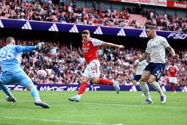 David Raya of Arsenal scores their sides second goal Arsenal v Nottingham Forest, Premier League, Football, Emirates Stadium, London, UK - 13 Sept 2025London Emirates Stadium United Kingdom EDITORIAL USE ONLY No use with unauthorised audio, video, data, fixture lists, club league logos or live services. Online in-match use limited to 120 images, no video emulation. No use in betting, games or single club league player publications. Copyright: xMichaelxZemanek Shutterstockx 15481272an