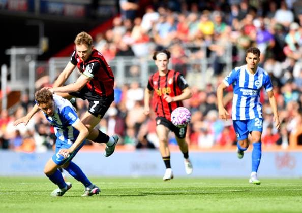 David Brooks of AFC Bournemouth is tackled - AFC Bournemouth v Brighton & Hove Albion, Premier League, Vitality Stadium, Bournemouth, UK - 13th August 2025 Editorial Use Only - DataCo restrictions apply AFC Bournemouth v Brighton and Hove Albion, Premier League, Football, Vitality Stadium, Bournemouth, UK - 13 Sept 2025Bournemouth Vitality Stadium United Kingdom EDITORIAL USE ONLY No use with unauthorised audio, video, data, fixture lists, club league logos or live services. Online in-match use limited to 120 images, no video emulation. No use in betting, games or single club league player publications. Copyright: xMDI Shutterstockx 15483048g