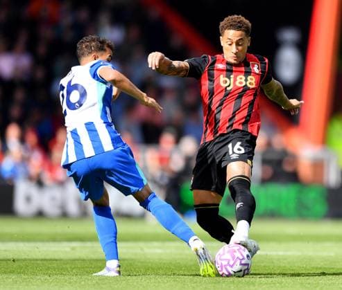 Yasin Ayari of Brighton & Hove Albion and Marcus Tavernier of AFC Bournemouth in action - AFC Bournemouth v Brighton & Hove Albion, Premier League, Vitality Stadium, Bournemouth, UK - 13th August 2025 Editorial Use Only - DataCo restrictions apply AFC Bournemouth v Brighton and Hove Albion, Premier League, Football, Vitality Stadium, Bournemouth, UK - 13 Sept 2025Bournemouth Vitality Stadium United Kingdom EDITORIAL USE ONLY No use with unauthorised audio, video, data, fixture lists, club league logos or live services. Online in-match use limited to 120 images, no video emulation. No use in betting, games or single club league player publications. Copyright: xMDI Shutterstockx 15483048f