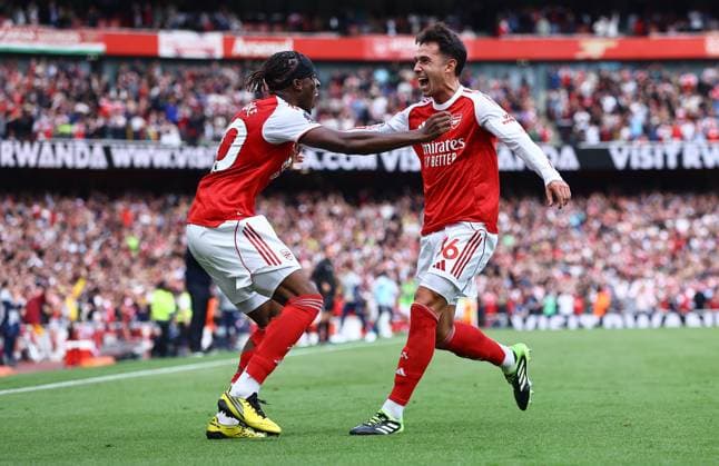 Martin Zubimendi of Arsenal celebrates scoring the opening goal with team-mate Noni Madueke Arsenal v Nottingham Forest, Premier League, Football, Emirates Stadium, London, UK - 13 Sept 2025London Emirates Stadium United Kingdom EDITORIAL USE ONLY No use with unauthorised audio, video, data, fixture lists, club league logos or live services. Online in-match use limited to 120 images, no video emulation. No use in betting, games or single club league player publications. Copyright: xMichaelxZemanek Shutterstockx 15481272cn