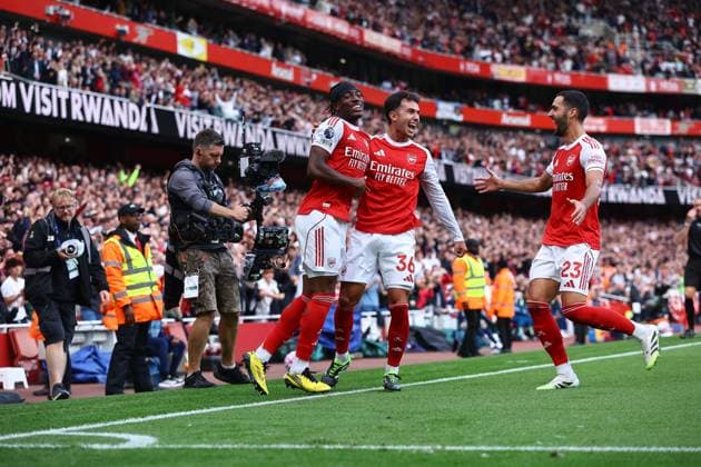 Martin Zubimendi of Arsenal celebrates scoring the opening goal with team-mate Noni Madueke and Mikel Merino Arsenal v Nottingham Forest, Premier League, Football, Emirates Stadium, London, UK - 13 Sept 2025London Emirates Stadium United Kingdom EDITORIAL USE ONLY No use with unauthorised audio, video, data, fixture lists, club league logos or live services. Online in-match use limited to 120 images, no video emulation. No use in betting, games or single club league player publications. Copyright: xMichaelxZemanek Shutterstockx 15481272cq