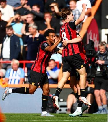 Alex Scott of AFC Bournemouth celebrates scoring a goal after making the score 1-0. AFC Bournemouth v Brighton and Hove Albion, Premier League, Football, Vitality Stadium, Bournemouth, UK - 13 Sept 2025Bournemouth Vitality Stadium United Kingdom EDITORIAL USE ONLY No use with unauthorised audio, video, data, fixture lists, club league logos or live services. Online in-match use limited to 120 images, no video emulation. No use in betting, games or single club league player publications. Copyright: xJamesxMarsh Shutterstockx 15481291x