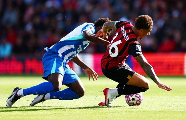 Marcus Tavernier of AFC Bournemouth is fouled by Carlos Baleba of Brighton and Hove Albion. AFC Bournemouth v Brighton and Hove Albion, Premier League, Football, Vitality Stadium, Bournemouth, UK - 13 Sept 2025Bournemouth Vitality Stadium United Kingdom EDITORIAL USE ONLY No use with unauthorised audio, video, data, fixture lists, club league logos or live services. Online in-match use limited to 120 images, no video emulation. No use in betting, games or single club league player publications. Copyright: xJamesxMarsh Shutterstockx 15481291an