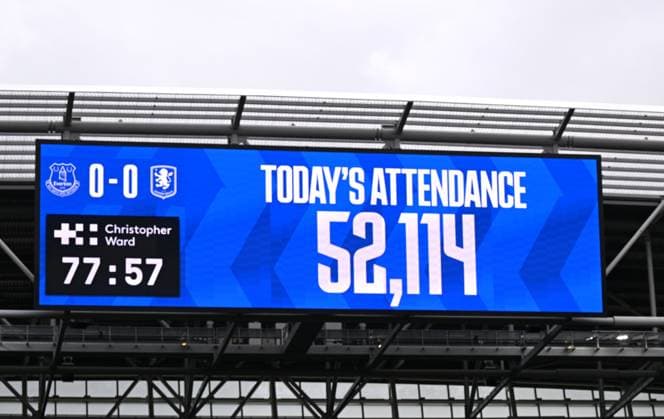 Match attendance on the big screen Everton v Aston Villa, Premier League, Football, Hill Dickinson Stadium, Liverpool, UK - 13 Sept 2025Liverpool Hill Dickinson Stadium United Kingdom EDITORIAL USE ONLY No use with unauthorised audio, video, data, fixture lists, club league logos or live services. Online in-match use limited to 120 images, no video emulation. No use in betting, games or single club league player publications. Copyright: xAnnaxGowthorpe Shutterstockx 15481294ae