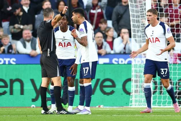 Cristian Romero of Tottenham Hotspur reacts after scoring a goal but it is disallowed after a VAR check West Ham United v Tottenham Hotspur, Premier League, Football, London Stadium, London, UK - 13 Sept 2025London London Stadium United Kingdom EDITORIAL USE ONLY No use with unauthorised audio, video, data, fixture lists, club league logos or live services. Online in-match use limited to 120 images, no video emulation. No use in betting, games or single club league player publications. Copyright: xSimonxDael Shutterstockx 15481313i