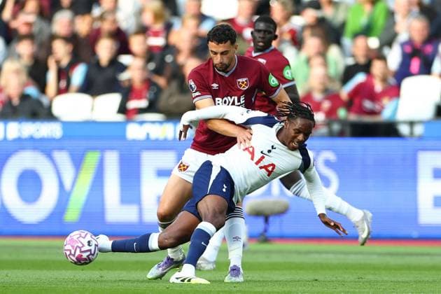 Mathys Tel of Tottenham Hotspur fouled by Max Kilman of West Ham United West Ham United v Tottenham Hotspur, Premier League, Football, London Stadium, London, UK - 13 Sept 2025London London Stadium United Kingdom EDITORIAL USE ONLY No use with unauthorised audio, video, data, fixture lists, club league logos or live services. Online in-match use limited to 120 images, no video emulation. No use in betting, games or single club league player publications. Copyright: xSimonxDael Shutterstockx 15481313n