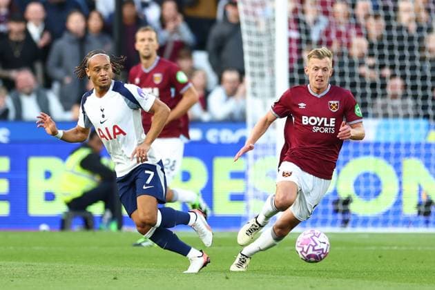 Xavi Simons of Tottenham Hotspur under pressure from James Ward-Prowse of West Ham United West Ham United v Tottenham Hotspur, Premier League, Football, London Stadium, London, UK - 13 Sept 2025London London Stadium United Kingdom EDITORIAL USE ONLY No use with unauthorised audio, video, data, fixture lists, club league logos or live services. Online in-match use limited to 120 images, no video emulation. No use in betting, games or single club league player publications. Copyright: xSimonxDael Shutterstockx 15481313l