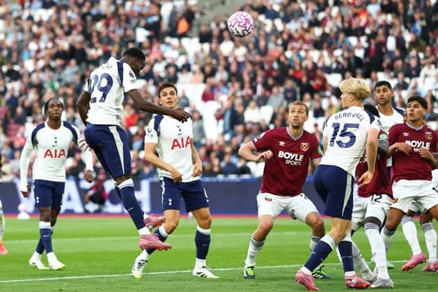 Pape Matar Sarr of Tottenham Hotspur scoring a goal (0-1) West Ham United v Tottenham Hotspur, Premier League, Football, London Stadium, London, UK - 13 Sept 2025London London Stadium United Kingdom EDITORIAL USE ONLY No use with unauthorised audio, video, data, fixture lists, club league logos or live services. Online in-match use limited to 120 images, no video emulation. No use in betting, games or single club league player publications. Copyright: xSimonxDael Shutterstockx 15481313ab