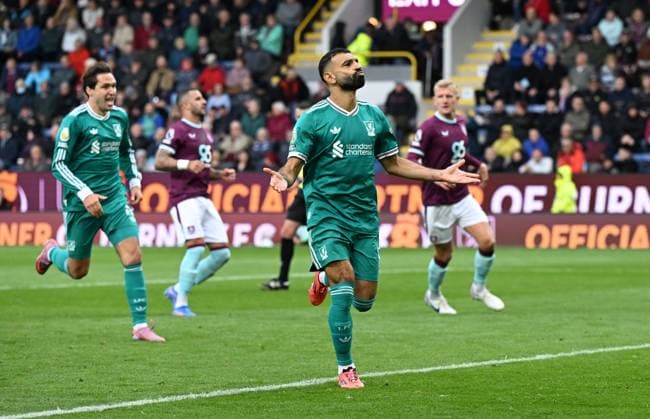 Mohamed Salah of Liverpool celebrates after scoring the team s first goal from a penalty Burnley v Liverpool, Premier League, Football, Turf Moor, Burnley, UK - 14 Sept 2025Burnley Turf Moor United Kingdom EDITORIAL USE ONLY No use with unauthorised audio, video, data, fixture lists, club league logos or live services. Online in-match use limited to 120 images, no video emulation. No use in betting, games or single club league player publications. Copyright: xAnnaxGowthorpe Shutterstockx 15481319ae