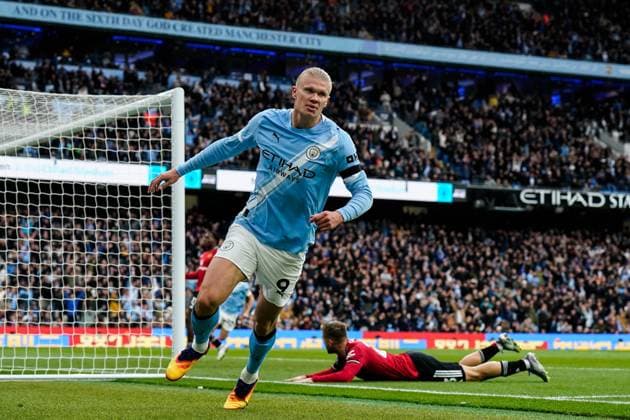 Manchester, England, 14th September 2025. Erling Haland of Manchester City celebrates his goal to make it 2-0 during the Manchester City vs Manchester United, ManU Premier League match at the Etihad Stadium, Manchester. Picture credit should read: Andrew Yates Sportimage EDITORIAL USE ONLY. No use with unauthorised audio, video, data, fixture lists, club league logos or live services. Online in-match use limited to 120 images, no video emulation. No use in betting, games or single club league player publications. SPI_045_AY_MCI_MUFC SPI-4139-0045