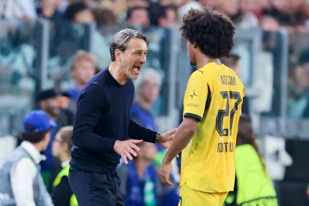 Trainer Nico Kovac (Borussia Dortmund) und Karim Adeyemi (Borussia Dortmund) unterhalten sich, UEFA Champions League 2025 26 League Phase MD1, Juventus v Borussia Dortmund, Juventus Stadium am 16. September 2025 in Turin, Italien. (Foto von Marco Steinbrenner DeFodi Images) Trainer Nico Kovac (Borussia Dortmund) und Karim Adeyemi (Borussia Dortmund) talk together, UEFA Champions League 2025 26 League Phase MD1, Juventus v Borussia Dortmund, Juventus Stadium, September 16, 2025 in Turin, Italy. (Photo by Marco Steinbrenner DeFodi Images)
