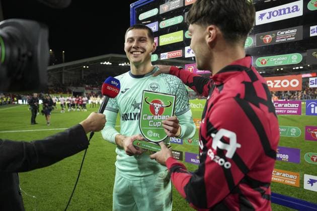 Man to the match Brentford goalkeeper Hakon Valdimarsson, with Aaron Hickey are interviewed on TV after the match Brentford v Aston Villa, EFL Carabao Cup, Third Round, Football, Gtech Community Stadium, London, UK - 16 Sep 2025London Gtech Community Stadium United Kingdom EDITORIAL USE ONLY No use with unauthorised audio, video, data, fixture lists, club league logos or live services. Online in-match use limited to 120 images, no video emulation. No use in betting, games or single club league player publications. Copyright: xJedxLeicester Shutterstockx 15481347an