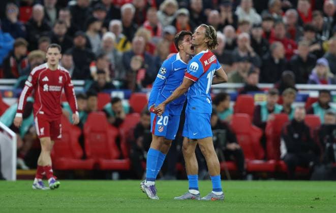 . - Liverpool v Atletico Madrid, UEFA Champions League, League Stage, Anfield Stadium, Liverpool, England. - 17th September 2025. (C) Daniel Weir Crystal Pix Marcos Llorente of Atletico Madrid goal celebration with Giuliano Simeone of Atletico Madrid. - Liverpool v Atletico Madrid, UEFA Champions League, League Stage, Anfield Stadium, Liverpool, England. - 17th September 2025. (C) Daniel Weir Crystal Pix Liverpool Anfield Stadium United Kingdom Copyright: xDanielxWeirx CP_Liverpool_Atletico_Madrid_22