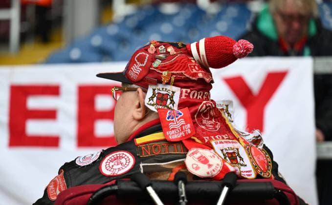 Nottingham Forest fan with patches on hat Burnley v Nottingham Forest, Premier League, Football, Turf Moor, Burnley, UK - 20 Sep 2025Burnley Turf Moor United Kingdom EDITORIAL USE ONLY No use with unauthorised audio, video, data, fixture lists, club league logos or live services. Online in-match use limited to 120 images, no video emulation. No use in betting, games or single club league player publications. Copyright: xRichardxLee Shutterstockx 15487093j