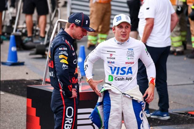 F1 - AZERBAIJAN GRAND PRIX 2025 LAWSON Liam (nzl), Visa Cash App RB F1 Team VCARB02, portrait VERSTAPPEN Max (ned), Red Bull Racing RB21, portrait during the 2025 Formula 1 Qatar Airways Azerbaijan Grand Prix, 17th round of the 2025 FIA Formula One World Championship, WM, Weltmeisterschaft from September 19 to 21, 2025 on the Baku City Circuit, in Baku, Azerbaijan - Copyright: xEricxAlonsox