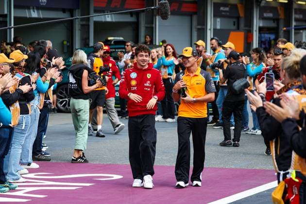 F1 - AZERBAIJAN GRAND PRIX 2025 LECLERC Charles (mco), Scuderia Ferrari SF-25, NORRIS Lando (gbr), McLaren F1 Team MCL39, portrait during the 2025 Formula 1 Qatar Airways Azerbaijan Grand Prix, 17th round of the 2025 FIA Formula One World Championship, WM, Weltmeisterschaft from September 19 to 21, 2025 on the Baku City Circuit, in Baku, Azerbaijan - BakuAzerbaijan Copyright: xFLORENTxGOODENx