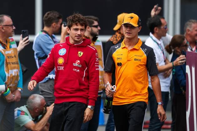 F1 - AZERBAIJAN GRAND PRIX 2025 LECLERC Charles (mco), Scuderia Ferrari SF-25, NORRIS Lando (gbr), McLaren F1 Team MCL39, portrait during the 2025 Formula 1 Qatar Airways Azerbaijan Grand Prix, 17th round of the 2025 FIA Formula One World Championship, WM, Weltmeisterschaft from September 19 to 21, 2025 on the Baku City Circuit, in Baku, Azerbaijan - BakuAzerbaijan Copyright: xANTONINxVINCENTx