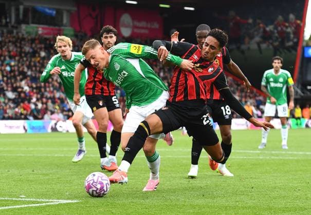 Harvey Barnes of Newcastle United is tackled by James Hill of AFC Bournemouth - AFC Bournemouth v Newcastle United, Premier League, Vitality Stadium, Bournemouth, UK - 21st September 2025 Editorial Use Only - DataCo restrictions apply AFC Bournemouth v Newcastle United, Premier League, Football, Vitality Stadium, Bournemouth, UK - 21 Sep 2025Bournemouth Vitality Stadium United Kingdom EDITORIAL USE ONLY No use with unauthorised audio, video, data, fixture lists, club league logos or live services. Online in-match use limited to 120 images, no video emulation. No use in betting, games or single club league player publications. Copyright: xMDI Shutterstockx 15492199ak