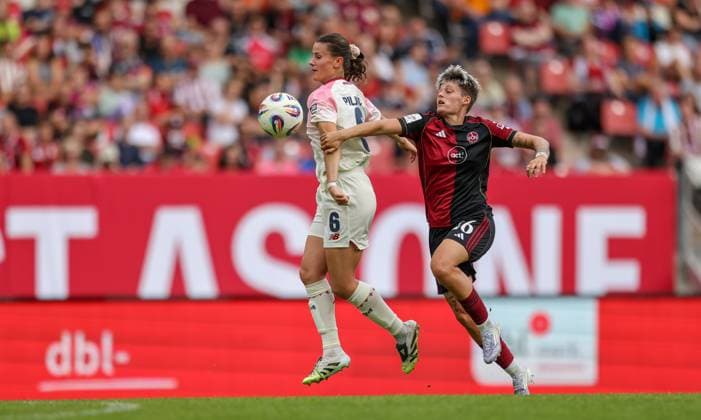 DEU, Nürnberg, FC Nürnberg vs Bayer Leverkusen, Google Pixel Bundesliga, DFB, Saison 2526, Max-Morlock-Stadion, 3. Spieltag, im Bild v.l.n.r: im Bild: Larissa Rusek (Nürnberg 21) DFB DFL REGULATIONS PROHIBIT ANY USE OF PHOTOGRAPHS AS IMAGE SEQUENCES AND OR QUASI-VIDEO, 21.09.2025, Copyright: HMBxMedia HendrikxHamelau