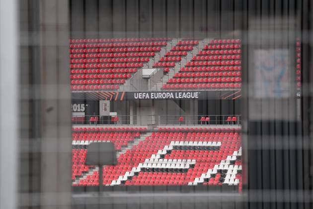 Der offizielle Uefa Europa League Schriftzug ist bereits im Stadion angebracht, Branding, International , letztes medienöffentliches Training des SC Freiburg vor dem ersten Europa League Spiel in der Ligaphase, Deutschland, Fussball, UEFA Europa League, 1.Spieltag, 2025 2026, SC Freiburg vs. FC Basel, 23.09.2025, letztes medienöffentliches Training des SC Freiburg vor dem ersten Europa League Spiel in der Ligaphase, Europa-Park Stadion, Freiburg, Deutschland Freiburg Europa-Park Stadion Baden-Württemberg Deutschland Copyright: xArnexAmbergx
