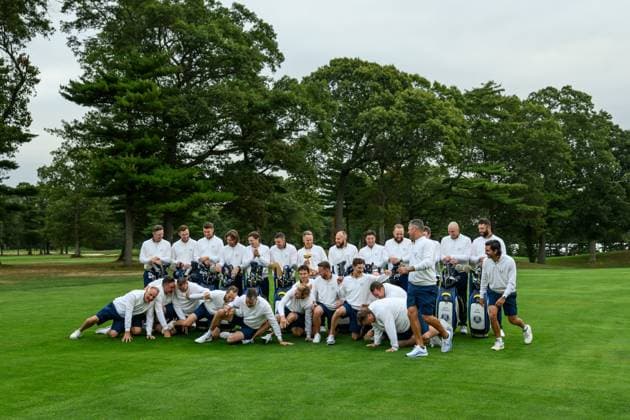 250923 Justin Rose, Rasmus Hojgaard, Ludvig Aberg, Tommy Fleetwood, Matt Fitzpatrick, Rory McIlroy, Team Captain Luke Donald, Tyrrell Hatton, Viktor Hovland, Shane Lowry, Robert MacIntyre, Sepp Straka and Jon Rahm of Team Europe pose together with their caddies for a team photo during a photo session on day -3 of the Ryder Cup on September 23, 2025 in New York. Photo: Jesper Zerman BILDBYRAN kod JZ JZ0614 golf ryder cup usa europe bbeng sverige norge Copyright: JESPERxZERMAN BB250923JZ004