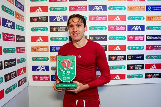 Federico Chiesa of Liverpool with his Carabao Player of the match award Liverpool v Southampton, EFL Carabao Cup, Third Round, Football, Anfield, Liverpool, UK - 23 Sep 2025Liverpool Anfield United Kingdom EDITORIAL USE ONLY No use with unauthorised audio, video, data, fixture lists, club league logos or live services. Online in-match use limited to 120 images, no video emulation. No use in betting, games or single club league player publications. Copyright: xPaulxCurrie Shutterstockx 15498466dh