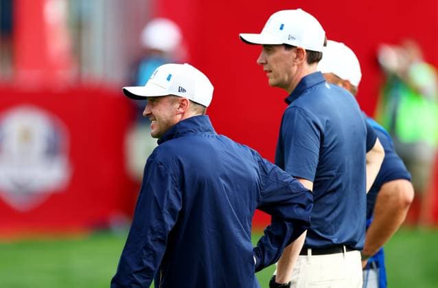 Tom Felton and Oliver Phelps of Team Europe during the Celebrity All-Star match. 2025 Ryder Cup, Celebrity Match, Golf, Bethpage Black Golf Course, New York, USA - 24 Sep 2025New York Bethpage Black Golf Course New York (NY) United States of America EDITORIAL USE ONLY No use with unauthorised audio, video, data, fixture lists, club league logos or live services. Online in-match use limited to 120 images, no video emulation. No use in betting, games or single club league player publications. Copyright: xJamesxMarsh Shutterstockx 15500192bu
