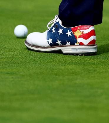 The shoes of Justin Thomas of Team USA. 2025 Ryder Cup, Wednesday Practice, Golf, Bethpage Black Golf Course, New York, USA - 24 Sep 2025New York Bethpage Black Golf Course New York (NY) United States of America EDITORIAL USE ONLY No use with unauthorised audio, video, data, fixture lists, club league logos or live services. Online in-match use limited to 120 images, no video emulation. No use in betting, games or single club league player publications. Copyright: xJamesxMarsh Shutterstockx 15501089b