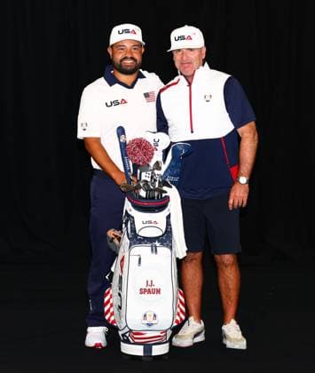 J.J. Spaun of Team USA and caddie. 2025 Ryder Cup, Thursday Practice, Golf, Bethpage Black Golf Course, New York, USA - 25 Sep 2025New York Bethpage Black Golf Course New York (NY) United States of America EDITORIAL USE ONLY No use with unauthorised audio, video, data, fixture lists, club league logos or live services. Online in-match use limited to 120 images, no video emulation. No use in betting, games or single club league player publications. Copyright: xJamesxMarsh Shutterstockx 15500195bb