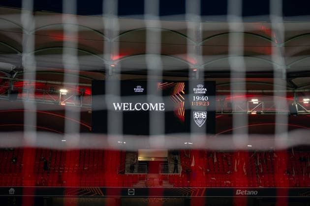 Vor Spielbeginn, Tornetz, Anzeigetafel Welcome. GER, VfB Stuttgart vs. Celta Vigo, Fussball, UEFA Europa League, Herren, 1. Spieltag, Spielzeit 2025 2026, 25.09.2025, GER, VfB Stuttgart vs. Celta Vigo, Fussball, UEFA Europa League, Herren, 1. Spieltag, Spielzeit 2025 2026, 25.09.2025 Stuttgart Copyright: xEibner-Pressefoto WolfgangxFrankx EP_WFK