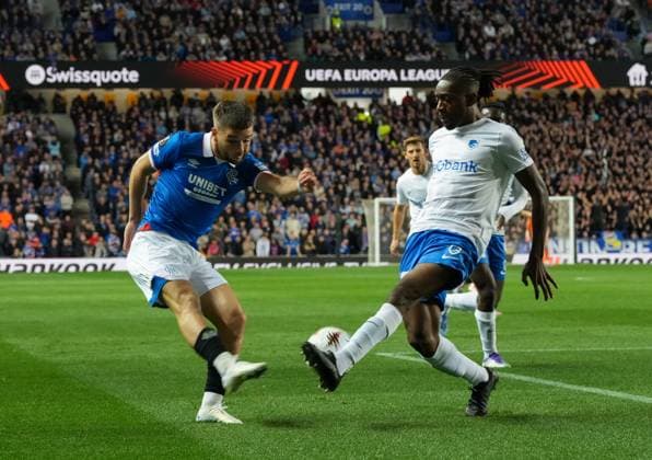 Joris Kayembe of Genk blocks a cross from Nicolas Raskin of Rangers Rangers v Genk, UEFA Europa League, Football, Ibrox Stadium, Glasgow, Scotland, UK - 25 Sep 2025Glasgow Ibrox Stadium Scotland United Kingdom EDITORIAL USE ONLY No use with unauthorised audio, video, data, fixture lists, club league logos or live services. Online in-match use limited to 120 images, no video emulation. No use in betting, games or single club league player publications. Copyright: xStuartxWallace Shutterstockx 15498613ai