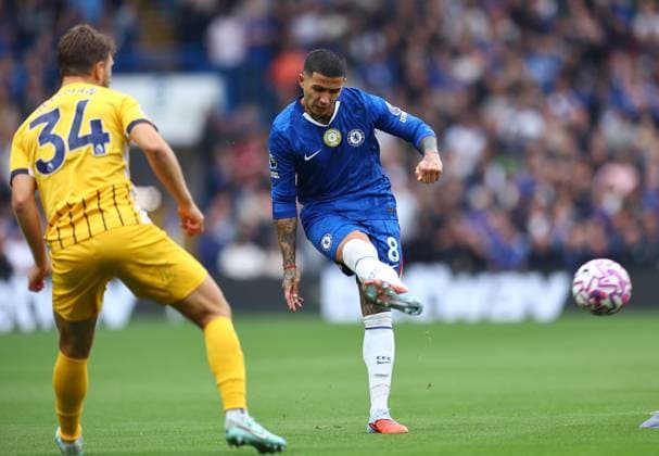 Enzo Fernandez of Chelsea has a shot Chelsea v Brighton and Hove Albion, Premier League, Football, Stamford Bridge, London, UK - 27 Sep 2025London Stamford Bridge United Kingdom EDITORIAL USE ONLY No use with unauthorised audio, video, data, fixture lists, club league logos or live services. Online in-match use limited to 120 images, no video emulation. No use in betting, games or single club league player publications. Copyright: xMichaelxZemanek Shutterstockx 15503910g
