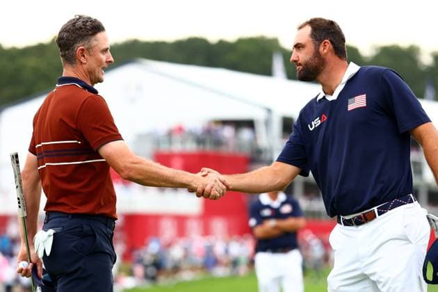 Justin Rose of Team Europe and Scottie Scheffler of Team USA shake hands after their match 2025 Ryder Cup, Day Two, Afternoon Four-Balls, Golf, Bethpage Black Golf Course, New York, USA - 27 Sep 2025New York Bethpage Black Golf Course New York (NY) United States of America EDITORIAL USE ONLY No use with unauthorised audio, video, data, fixture lists, club league logos or live services. Online in-match use limited to 120 images, no video emulation. No use in betting, games or single club league player publications. Copyright: xJamesxMarsh Shutterstockx 15500202bw