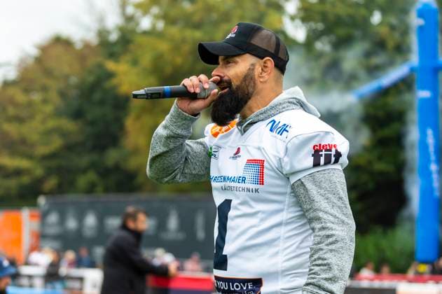 Marcus Haider (Stadionsprecher, ifm Ravensburg Razorbacks) GER, ifm Ravensburg Razorbacks vs Dresden Monarchs, American Football, GFL, Saison 2025, Playoffs, Halbfinale, 27.09.2025, GER, ifm Ravensburg Razorbacks vs Dresden Monarchs, American Football, GFL, Saison 2025, Playoffs, Halbfinale, 27.09.2025 Weingarten Copyright: xEibner-Pressefoto FlorianxWolfx EP_FWF