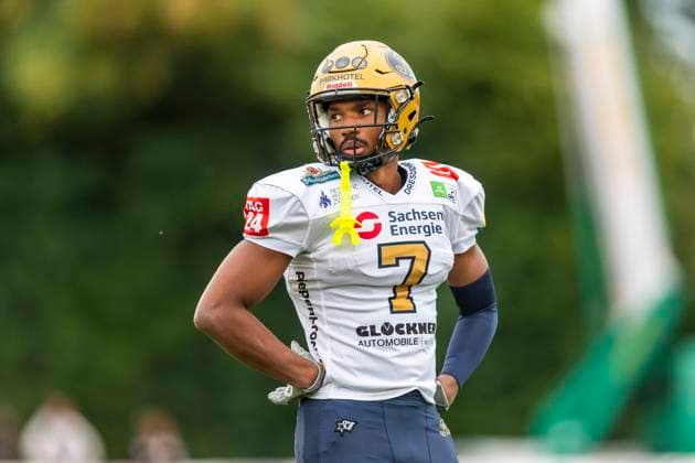 Tyler Hudson (7, WR, Dresden Monarchs) GER, ifm Ravensburg Razorbacks vs Dresden Monarchs, American Football, GFL, Saison 2025, Playoffs, Halbfinale, 27.09.2025, GER, ifm Ravensburg Razorbacks vs Dresden Monarchs, American Football, GFL, Saison 2025, Playoffs, Halbfinale, 27.09.2025 Weingarten Copyright: xEibner-Pressefoto FlorianxWolfx EP_FWF