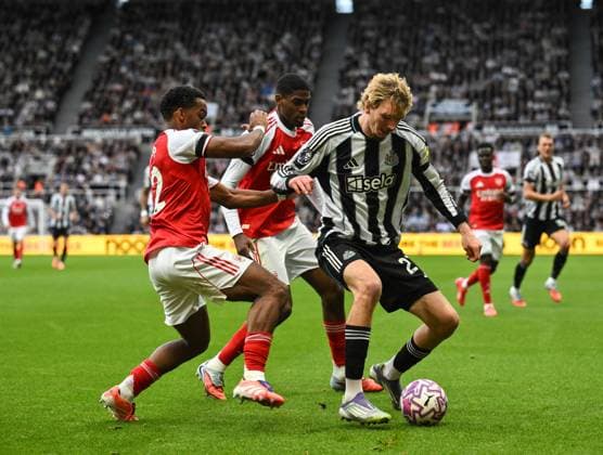 Nick Woltemade of Newcastle United (right) fends off Jurrien Timber of Arsenal Newcastle United v Arsenal, Premier League, Football, St James Park, Newcastle, UK - 28 Sep 2025Newcastle St James Park United Kingdom EDITORIAL USE ONLY No use with unauthorised audio, video, data, fixture lists, club league logos or live services. Online in-match use limited to 120 images, no video emulation. No use in betting, games or single club league player publications. Copyright: xRichardxLee Shutterstockx 15503935ak
