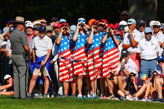 Team USA fans 2025 Ryder Cup, Day Three, Singles, Golf, Bethpage Black Golf Course, New York, USA - 28 Sep 2025New York Bethpage Black Golf Course New York (NY) United States of America EDITORIAL USE ONLY No use with unauthorised audio, video, data, fixture lists, club league logos or live services. Online in-match use limited to 120 images, no video emulation. No use in betting, games or single club league player publications. Copyright: xJamesxMarsh Shutterstockx 15500197dp