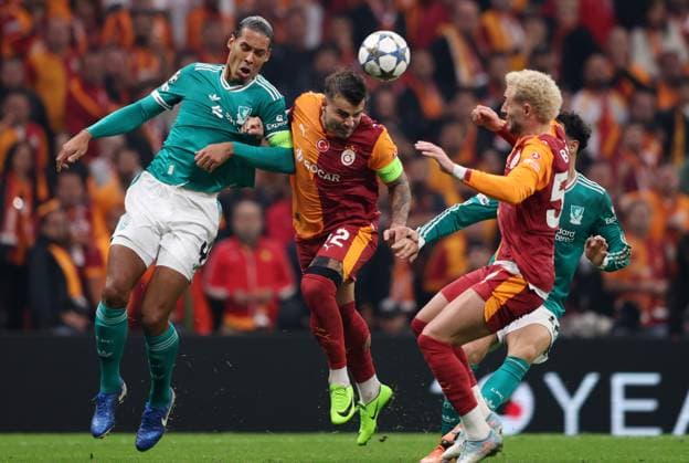 Virgil van Dijk of Liverpool and Abdülkerim Bardakci of Galatasaray challenge for a header Galatasaray v Liverpool, UEFA Champions League, Group Stage, Football, RAMS Park, Istanbul, Turkey - 30 Sep 2025Istanbul RAMS Park Turkey EDITORIAL USE ONLY No use with unauthorised audio, video, data, fixture lists, club league logos or live services. Online in-match use limited to 120 images, no video emulation. No use in betting, games or single club league player publications. Copyright: xRaddadxJebarah Shutterstockx 15504034be