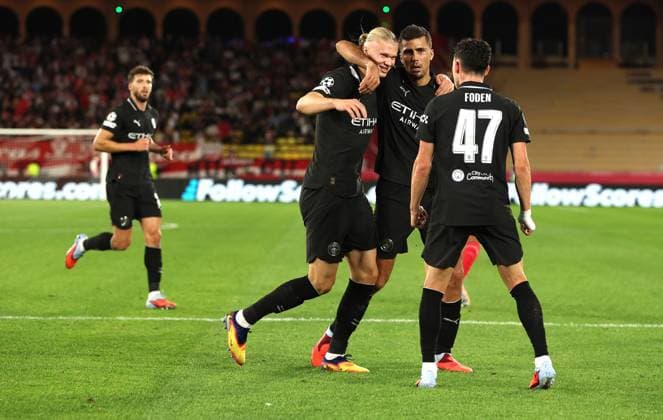 Erling Haaland of Manchester City celebrates scoring a goal to make the score 1-2 Monaco v Manchester City, UEFA Champions League, Group Stage, Football, Stade Louis II, Monaco - 01 Oct 2025Monaco Stade Louis II Monaco EDITORIAL USE ONLY No use with unauthorised audio, video, data, fixture lists, club league logos or live services. Online in-match use limited to 120 images, no video emulation. No use in betting, games or single club league player publications. Copyright: xKieranxMcManus Shutterstockx 15504051bc