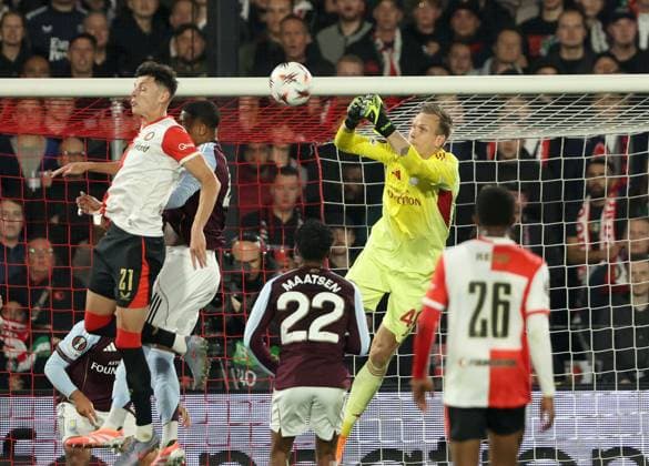 Aston Villa goalkeeper Marco Bizot punches the ball away Feyenoord v Aston Villa, UEFA Europa League, Group Stage, Football, De Kuip, Rotterdam, Netherlands - 02 Oct 2025Rotterdam De Kuip Netherlands EDITORIAL USE ONLY No use with unauthorised audio, video, data, fixture lists, club league logos or live services. Online in-match use limited to 120 images, no video emulation. No use in betting, games or single club league player publications. Copyright: xBartxStoutjesdijk Shutterstockx 15504059aw