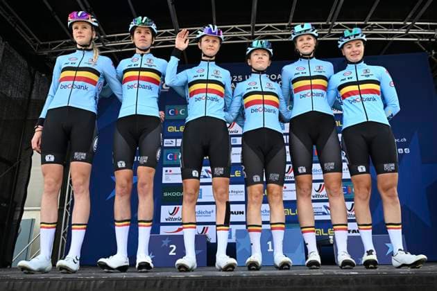 UEC 2025 Road European Championship, EM, Europameisterschaft Drome-Ardeche 03 10 2025 GUILHERAND-GRANGES, FRANCE - OCTOBER 03 : De Bruyn Elise (Belgium), Dierick Lova (Belgium), Five Laura (Belgium), Kerkhof Falke (Belgium), Laurijssen Sanne (Belgium), Van Ombergen Lotte (Belgium) during the Women Junior cycling road race of the 2025 UEC Road European Championship Drome-Ardeche 10th edition an UCI Continental Championships cycling race of 62.9 km with start in Guilherand-Granges and finish in Guilherand-Granges on October 3, 2025 in Guilherand-Granges, France, 03 10 2025 Guilherand-Granges France Copyright: xVincentxKalutx