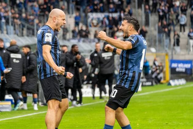 Jubel zum Tor zum 1:0 durch Felix Lohkemper (SV Waldhof Mannheim, 09), l. Arianit Ferati (SV Waldhof Mannheim, 10), GER, SV Waldhof Mannheim vs. VfL Osnabrueck, Fussball, 3. Liga, 10. Spieltag, Saison 2025 2026, 04.10.2025, DFB REGULATIONS PROHIBIT ANY USE OF PHOTOGRAPHS AS IMAGE SEQUENCES AND OR QUASI-VIDEO, GER, SV Waldhof Mannheim vs. VfL Osnabrueck, Fussball, 3. Liga, 10. Spieltag, Saison 2025 2026, 04.10.2025 Mannheim Copyright: xEibner-Pressefoto Jan-NiclasxGrox EP_JGG