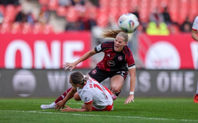 DEU, Nürnberg, FC Nürnberg vs RB Leipzig, Google Pixel Bundesliga, DFB, Saison 2526, Max-Morlock-Stadion, 5. Spieltag im Bild v.l.n.r: Gina Chmielinski (RB Leipzig 10), Nastassja Lein (FC Nürnberg 24) DFB DFL REGULATIONS PROHIBIT ANY USE OF PHOTOGRAPHS AS IMAGE SEQUENCES AND OR QUASI-VIDEO, 05.10.2025, Copyright: HMBxMedia HendrikxHamelau