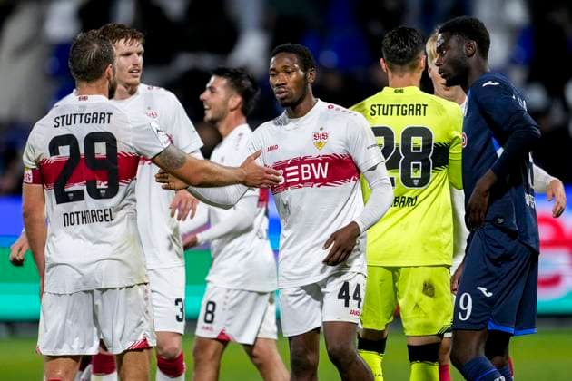 v.li.: Dominik Nothnagel (VfB II, 29), Jordan Aleksander Majchrzak (VfB II, 30), Samuele Di Benedetto (VfB II, 8), Mohamed Sankoh (VfB II, 44), Dominik Draband (Torwart, VfB II, 28), Jubel nach dem Schlusspfiff, Freude über den Sieg, Sieger, Gewinner, jubelt, jubeln, fröhlich, positiv, freut sich, freuen, optimistisch, Highlight, Action, Aktion, 05.10.2025, Sinsheim (Deutschland), Fussball, 3. Liga, TSG 1899 Hoffenheim II - VfB Stuttgart II, DFB DFL REGULATIONS PROHIBIT ANY USE OF PHOTOGRAPHS AS IMAGE SEQUENCES AND OR QUASI-VIDEO.