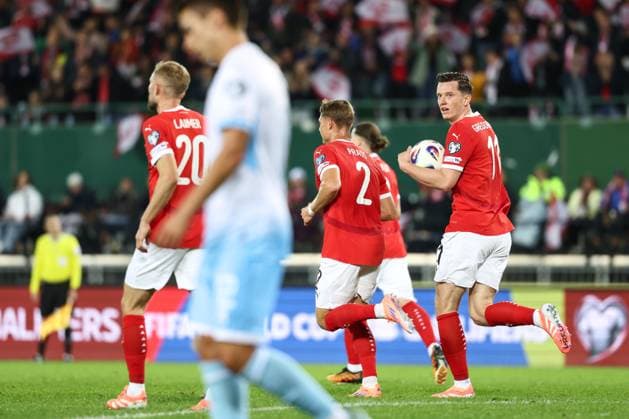 SOCCER - FIFA WC quali, AUT vs SMR VIENNA,AUSTRIA,09.OCT.25 - SOCCER - FIFA World Cup, WM, Weltmeisterschaft, Fussball 2026, European Qualifiers, group stage, OEFB international match, Länderspiel, Nationalmannschaft Austria vs San Marino. Image shows the rejoicing of Michael Gregoritsch (AUT). GEPAxpictures xArminxRauthner